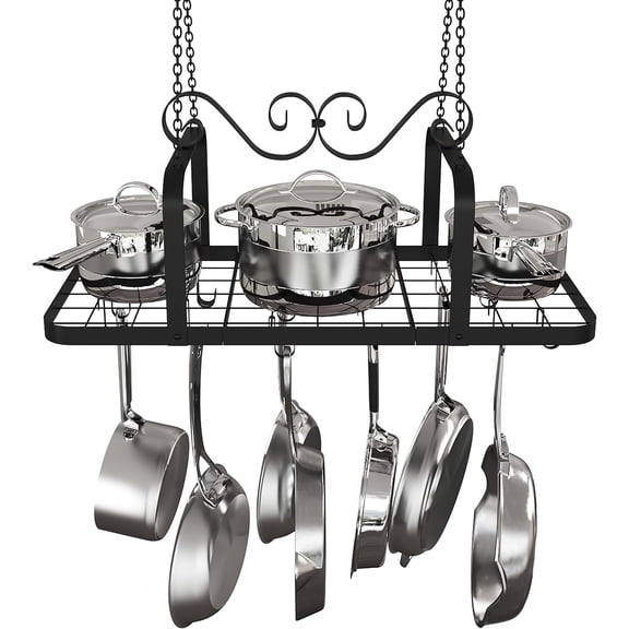 Yilifebes Black Heavy Duty Metal Hanging Pot Rack With 15 Hooks 33 inch Ceiling Mount Kitchen Cookware Organizer
