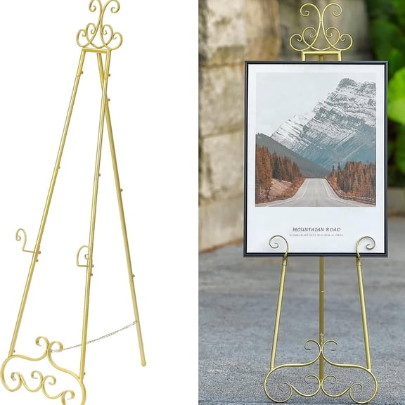 Yilifebes Gold Metal Heavy Duty Adjustable Floor Easel With Chain Support 57 inch Tall Large Scroll Display For Wedding Sign Mirror Picture