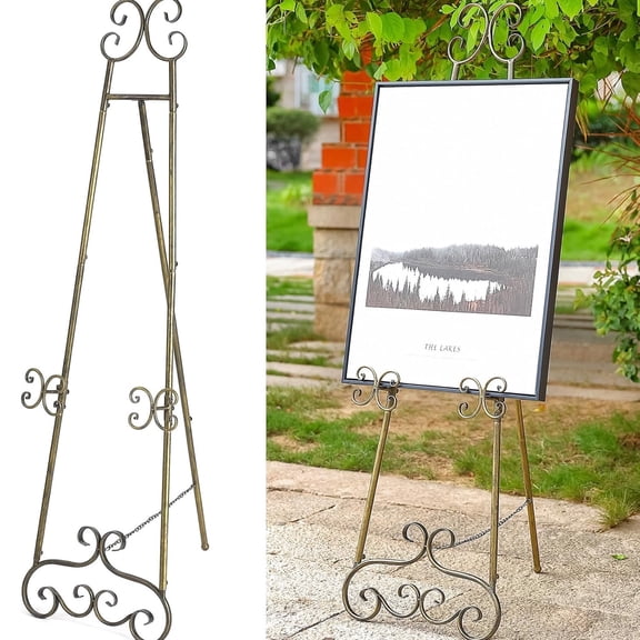 56"H Metal Scroll Extra Large Free Standing Adjustable Display Easel Vintage Decorative Floor Display Stand Easel with Chain Support for Picture Frame Wedding Sign
