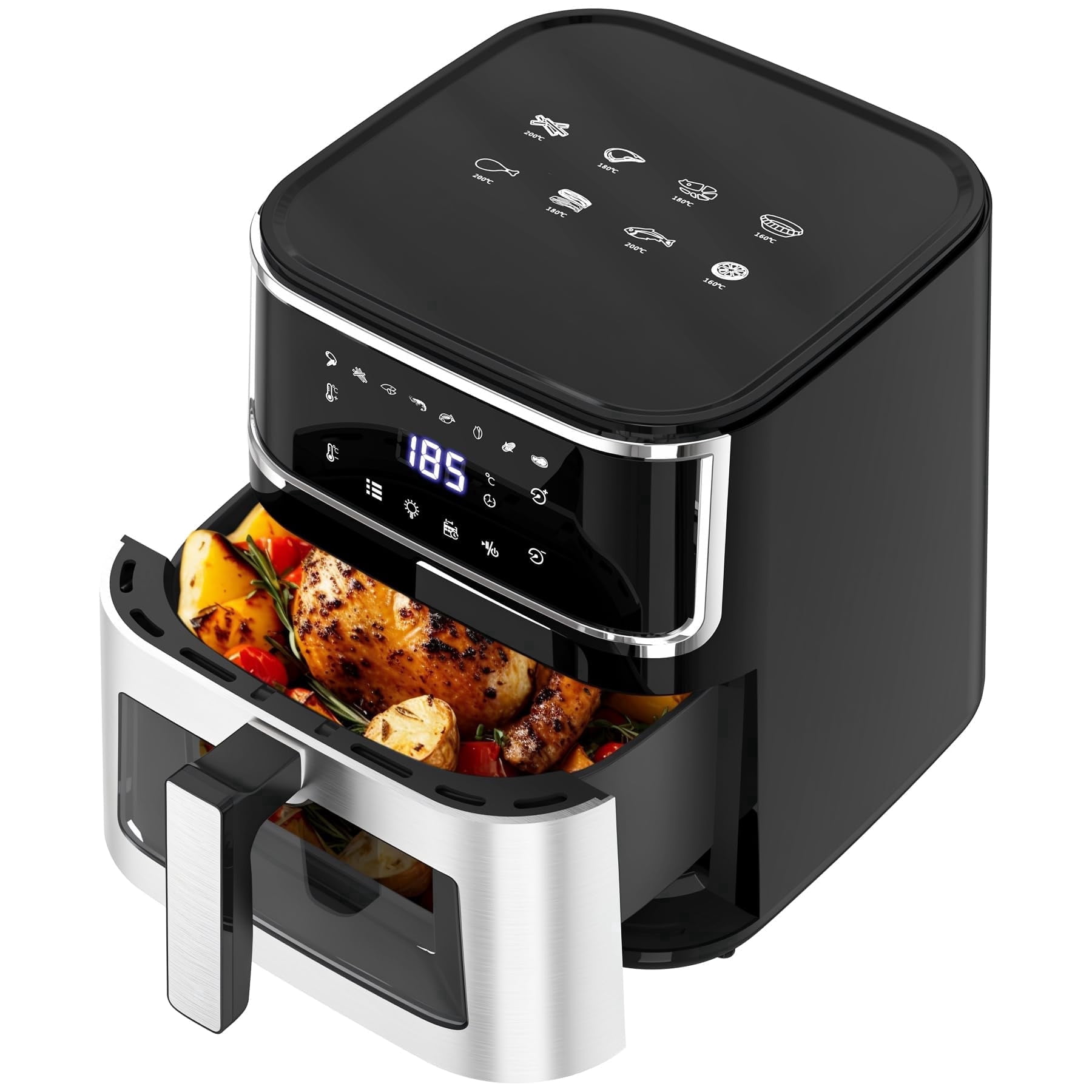 Yilush Multifunctional Digital Air Fryer+ Rotisserie, Dehydrator, Convection Oven, 17 Touch Screen Presets Fry, Roast, Dehydrate, Bake, XL 7L Family Size, Auto Shutoff, Large Easy-View Window, Black