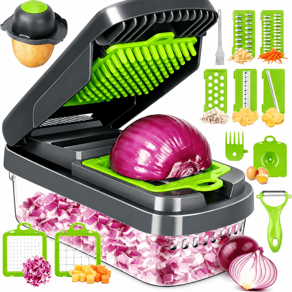 Yilush Vegetable Chopper,15-in-1 Multifunctional Food Chopper,Professional Onion Chopper with 7 Blades,Vegetable Cutter with Container for Salad,Potato,Carrot,and Garlic; Essential Kitchen Tool(Grey)