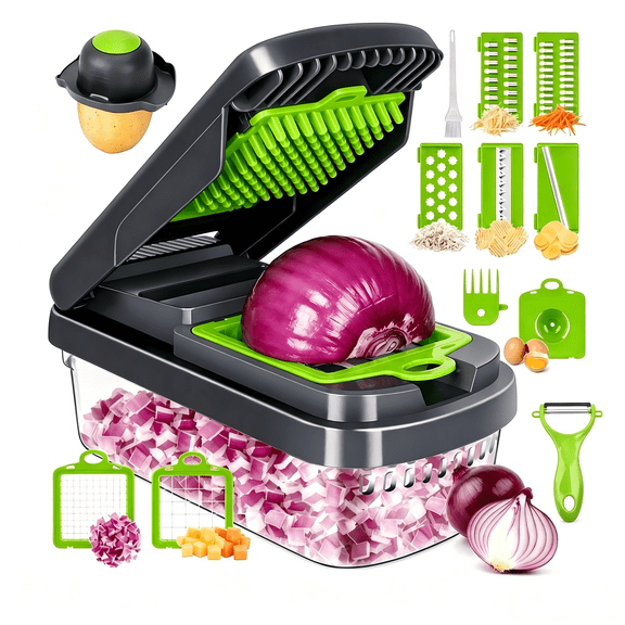 Yilush Vegetable Chopper,15-in-1 Multifunctional Food Chopper,Professional Onion Chopper with 7 Blades,Vegetable Cutter with Container for Salad,Potato,Carrot,and Garlic; Essential Kitchen Tool(Grey)