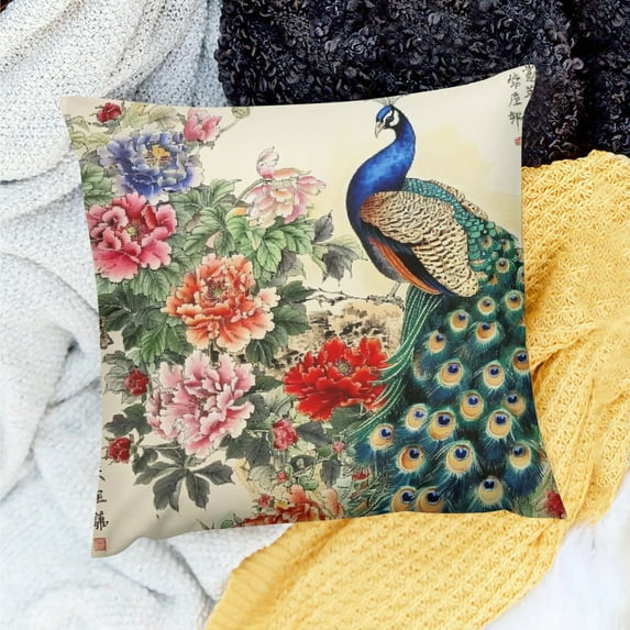 Yiluyinqing 100% Linen Pillow Covers Peacock Flowers Chinese Writing Cushion Case for Home Sofa Couch Decor - Set of 1, Various Sizes 24x24in