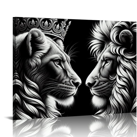 Yiluyinqing Lions Crowns Royalty Canvas Print Wall Decor Ready to Hang Home Art Decor for Living Room Bedroom Bathroom Office 20x16in