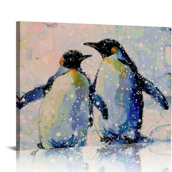 Yiluyinqing Penguins Snow Ice Flakes Canvas Prints Wall Art for Home Decor, Ready to Hang Room Art Decor 16x12in