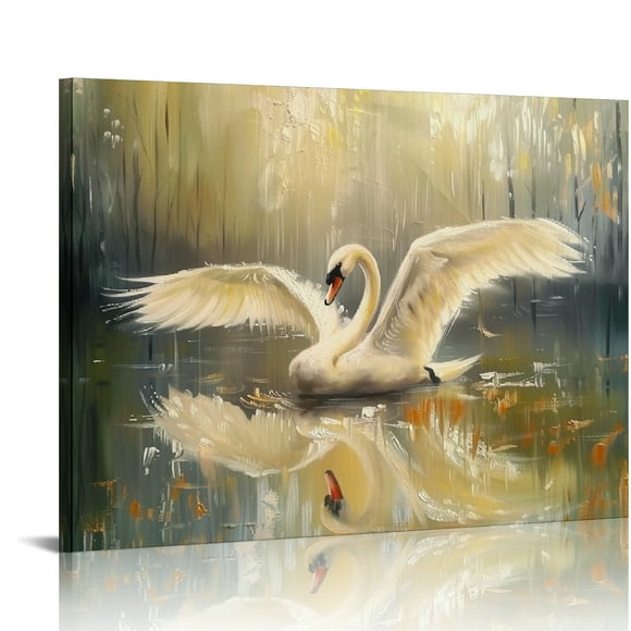 Yiluyinqing Swan Lake Canvas Wall Art Modern Prints Ready To Hang Decor Home Living Room Bedroom Kitchen Office 16x12in