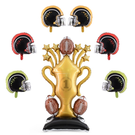 Yimenbloon Giant Standing Rugby Trophy with Rugby Helmet Balloon Sport Balloons for Soccer Birthday Party Decorations, Football Soccer Balloon Supplies 7PCS