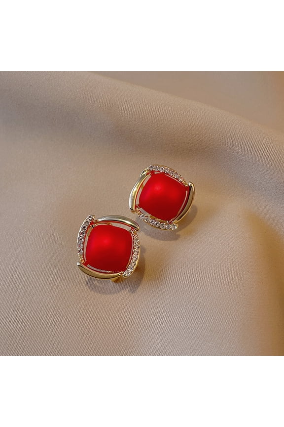 Yimino Women's New Arrival Trendy Fashionable Red Square Frame Stud Earrings with Sparkling Rhinestones for a Luxurious Look