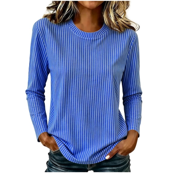Yiminzz Womens Plus Size Striped Workout Shirts Casual Round Neck Long Sleeve Loose Fall Dressy Tops Womens Blue Top