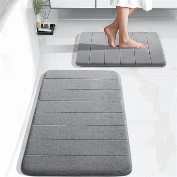 OFEFE Memory Foam Bathroom Rugs Set of 2 Pieces - Super Soft Absorbent Quick Dry Bath Mat & Rug, Non-Slip Machine Washable Floor Carpet for Tub Shower & Sink (17"x24" & 31.5"x20", Gray)