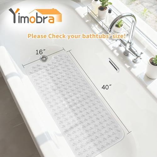 Yimobra Non Slip Bathtub Mat 40 x 16 Inch, Extra Long Shower Mat with Drain Holes, Machine Washable Baby Bath Mats, Strong Suction Cups for Bathroom Floor, Clear