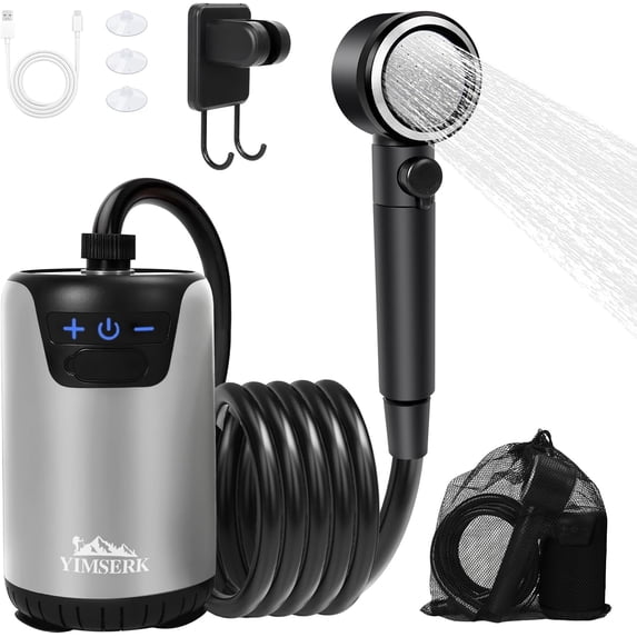 Yimserk 8000mAh Portable Camping Shower, 10-Speed Camp Shower Pump, LED Display, 4 Spray Modes, IPX8 Waterproof Outdoor Shower Kit for Hiking, Travel, Pet, Car Wash