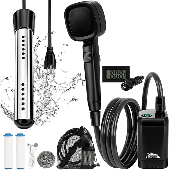 Yimserk Portable Shower with Water HeaterCamping Shower Pump with 8000mAh Battery, 5-Speed Settings, LCD Display, 6L/min, IPX8Portable Shower Head for Camping, Hiking, Car, Pets