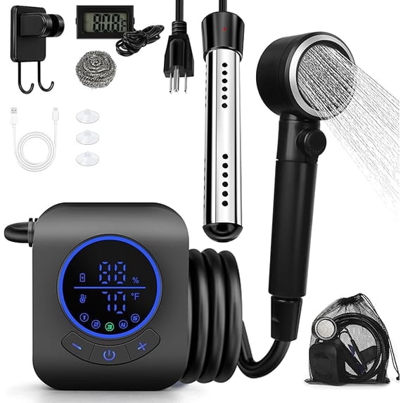 Yimserk Portable Shower with Water Heater–Camping Shower Pump with 8000mAh Battery, 5-Speed Settings, LCD Display, 6L/min, IPX8–Portable Shower Head for Camping, Hiking, Car, Pets