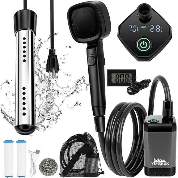 Yimserk Portable Shower with Water HeaterCamping Shower Pump with 8000mAh Battery, 5-Speed Settings, LCD Display, 6L/min, IPX8Portable Shower Head for Camping, Hiking, Car, Pets