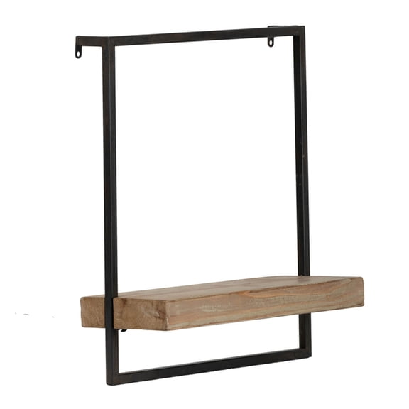 Yin 18 Inch Wall Shelf, Rectangular Industrial Frame, Black Iron Brown Wood - Bookcase