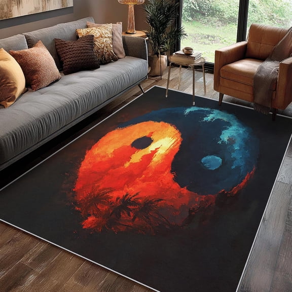 Yin Yang Art Area Rug, Chinese Japanese Design Carpet, Washable Non Slip Soft Low Pile, Living Room Bedroom Kitchen Office Mat 5x8ft