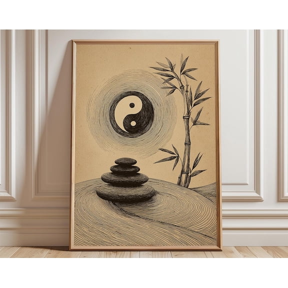Yin Yang Bamboo Stacked Stones Wall Art Print, Unframed Paper Poster 8x10in