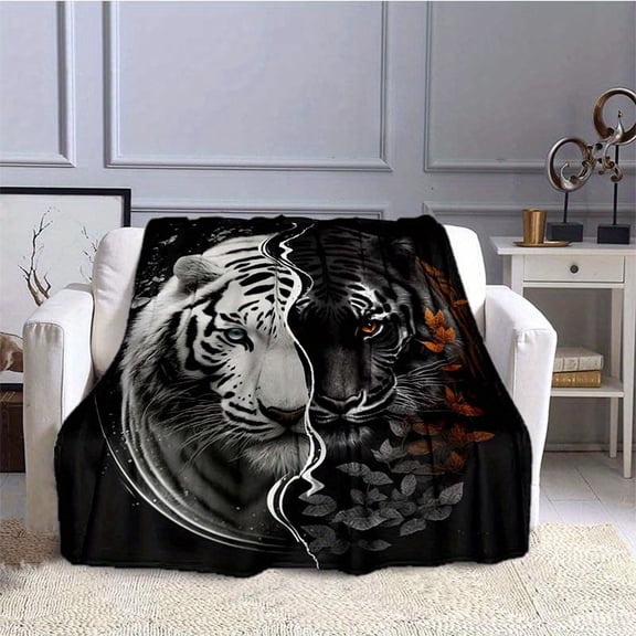 Yin Yang Black & White Tiger Design Flannel Blanket - All-Season Soft Warmth for Camping, Sofa, Office & Home Decor - Contemporary Style Gift for Nature & Art Lovers, Decorative Throw | Split Face Ti