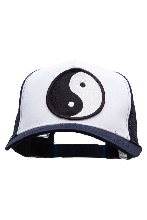 Yin Yang Black and White Patched 5 Panel High Profile Poly Cotton Twill Mesh Trucker Cap - White Navy OSFM