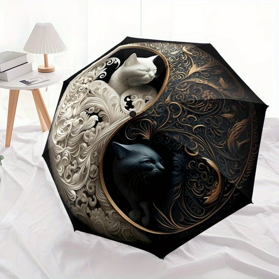 a Yin Yang Cat Automatic Umbrella-Compact and Lightweight Foldable Design, 8 Skeleton, Elegant Black and White Floral Pattern, Suitable for Outdoor Leisure