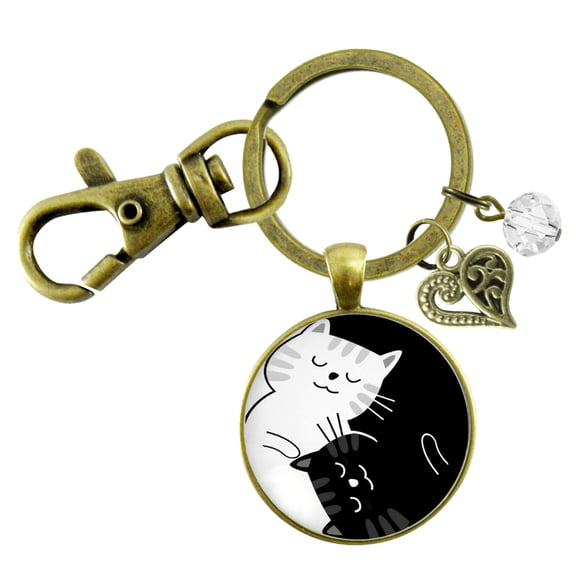 Yin Yang Cat Keychain Harmony Zen Black White Symbol 2 Cats Boho Style Kitty Lover Pendant