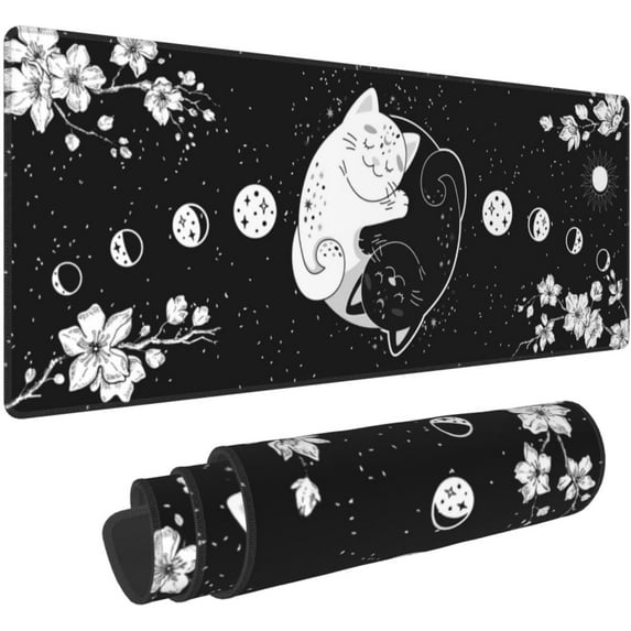 Yin Yang Cat Moon Phases Mouse Pad Extended XL Gaming Mice Pad Office Desk Mat with Stitched Edges, Non-Slip Oversized Desk Pad, 31.5 X 11.8 Inch
