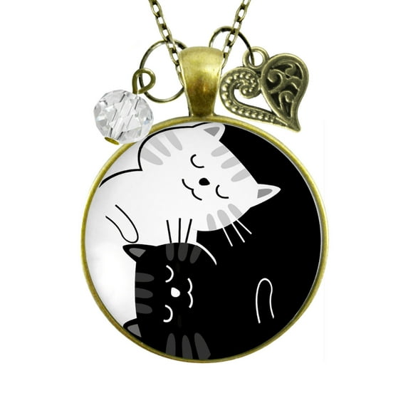 Yin Yang Cat Necklace Harmony Zen Black and White Gutsy Goodness Female Adult Bronze Metal Jewelry