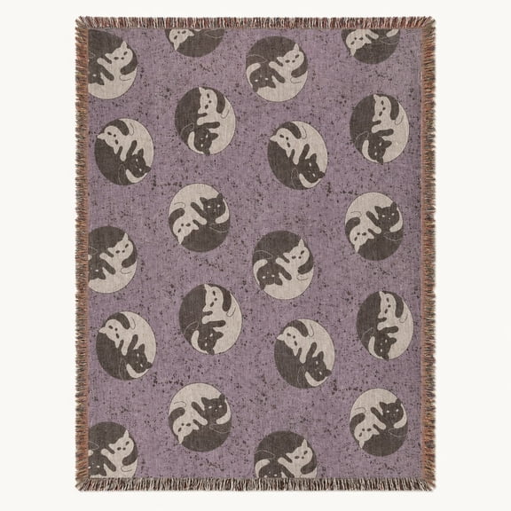 Yin Yang Cat Woven Cotton Blanket with Fringe, Purple Pattern Throw