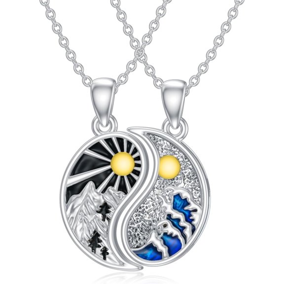 Yin Yang Couples Necklace 925 Sterling Silver Moon And Sun Matching Couples Pendant Mountain Wave Friendship BFF Matching Jewelry Gifts for Women Men Friend Couples Family