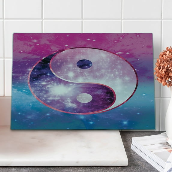 Yin and Yang Cutting Board, Circular on Abstract Colorful Galactic Look Starry Background, Decorative Tempered Glass Cutting and Serving Board, in 3 Sizes, by Ambesonne