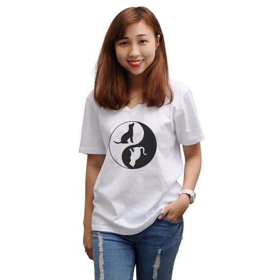 Yin Yang Dod And Cat Printed 100% Cotton V-Neck Short Sleeves T-shirt WTS_16 XL