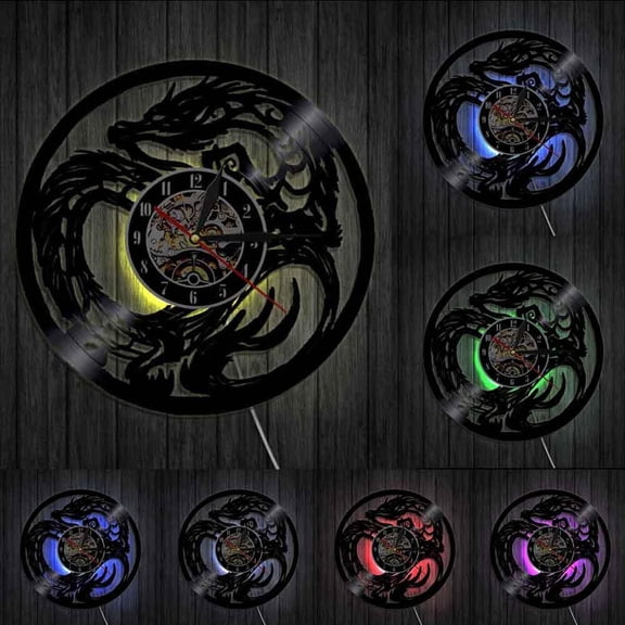 Yin Yang Dragon Art Ancient Mythical Animal Wall Clock Chinese Fantasy Monster Vinyl Record Wall Clock Home Decor Clock Gift With LED