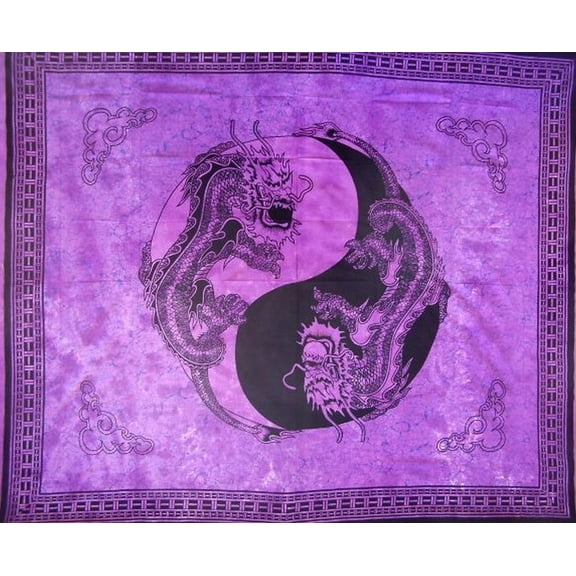 Yin Yang Dragon Tapestry Cotton Bedspread 108" x 88" Full-Queen Purple