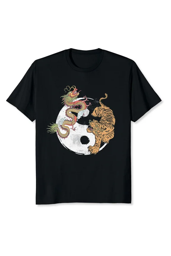 Yin Yang Dragon Tiger Retro Asian Cultural Fusion Unisex T-Shirt, up to size 5XL