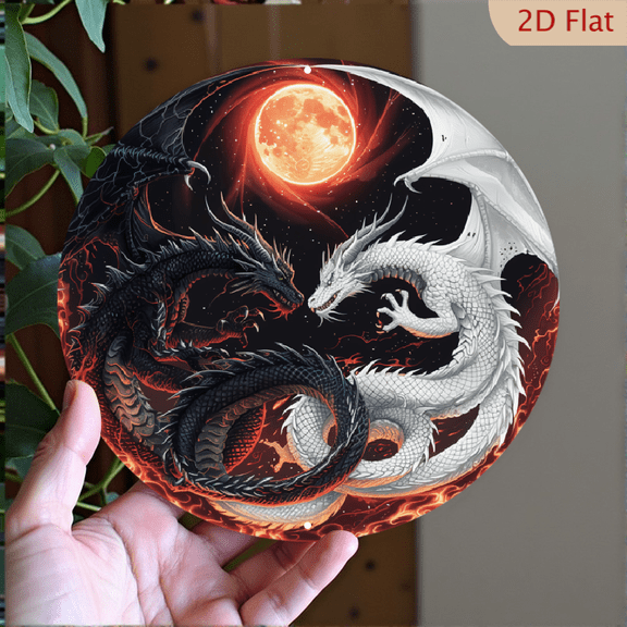Yin Yang Dragons & Blood Moon Fantasy Wall Art Decor, 8" Round Aluminum Metal Signs, Wall Decor For Kitchen, Door, Office, Bedroom Decor, Best Gifts For Room, Home, Bathroom Decor, 2D Flat