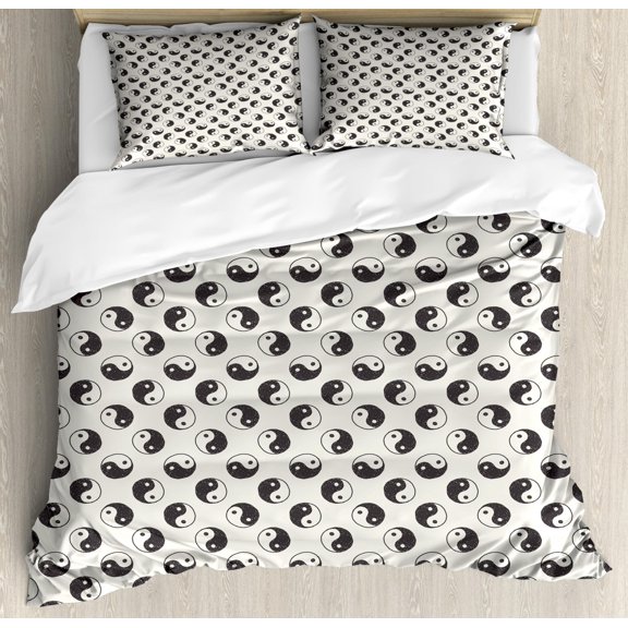 Yin Yang Duvet Cover Set Queen Size, Doodle Style Asian Spiritual Figures Pattern for Balance and Harmony in Life, Decorative 3 Piece Bedding Set with 2 Pillow Shams, Black White, by Ambesonne