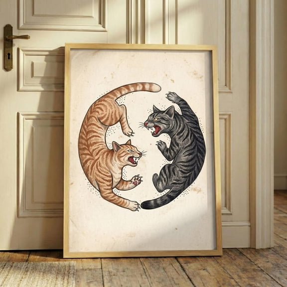 Yin Yang Fighting Cats Wall Art Print, Unframed Paper Poster 8x10in