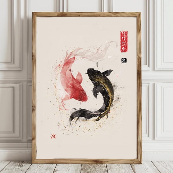 Yin Yang Harmony Decorative Print, Trendy Wall Art, Koi Fish Print, Japanese Wall Decor Home Decor #1062, Unframed Poster Size 8x12