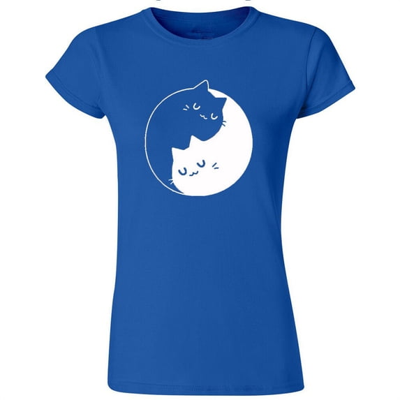 Yin Yang Kittens Printed Women's T-shirt Sweet Cats Royal Blue Tee Large