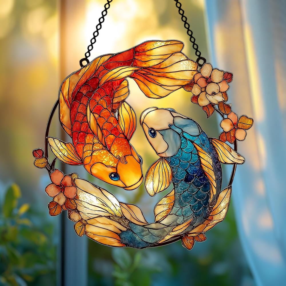 Yin Yang Koi Fish Faux Stained Glass Suncatcher â€“ Acrylic