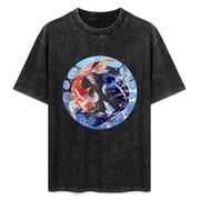 Yin Yang Koi Fish Graphic T-Shirt Black Distressed Cotton Tee with Red Blue Koi in Circle Chinese Japanese Style Lucky Design