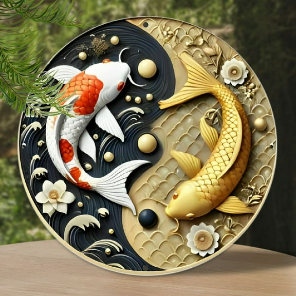 Yin-Yang Koi Fish Rustic Metal Wreath Sign - Round Wall Hanging Plaque for Home, Porch, Front Door, Bathroom & Outdoor Decor, Indoor, Perfect for Room Decor