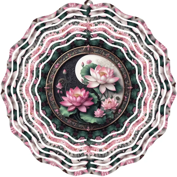 Yin Yang Lotus Flower Wind Spinner 10" Metal Garden Decor Zen Spiritual 3D Art