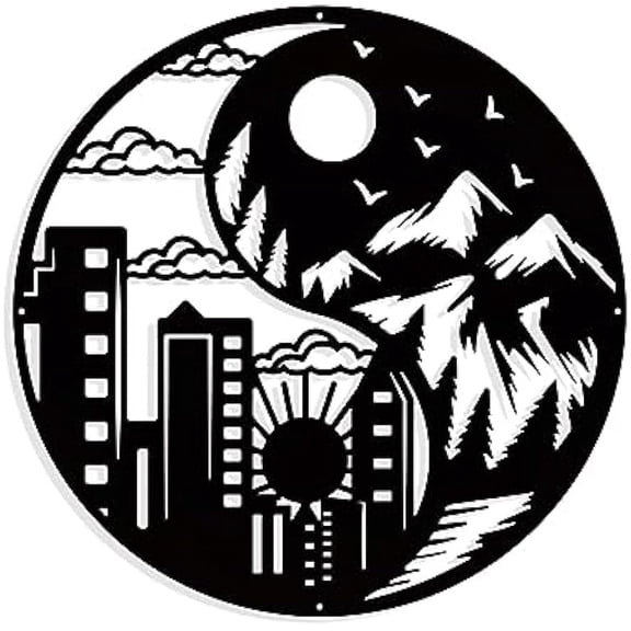 Yin Yang Metal Wall Art Decor Sun Moon City Forest Wall Hanging Decor Silhouette Wall Art for Home Bedroom Living Room Garden Hotel Office Wall Decoration 11.7"(29.7cm) Diameter Silver DIY