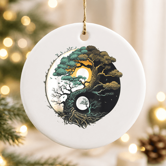 Yin Yang Miniature Tree of Life on Buddhist Bonsai Tree Christmas Ornament, Holiday Keepsake Gift, Ceramic Ornament
