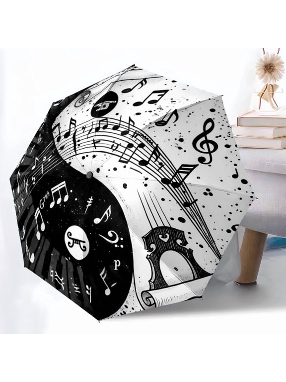 Yin Yang Music Notes Print Automatic Folding Umbrella, Portable 8-Rib Windproof Rain Umbrella for Outdoor, Travel, and Daily Use