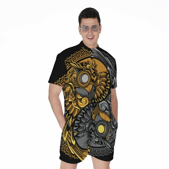 Yin Yang Owl Short Sleeve Men'S Rompers, Yinyang Casual Summer Jumpsuits Outfit