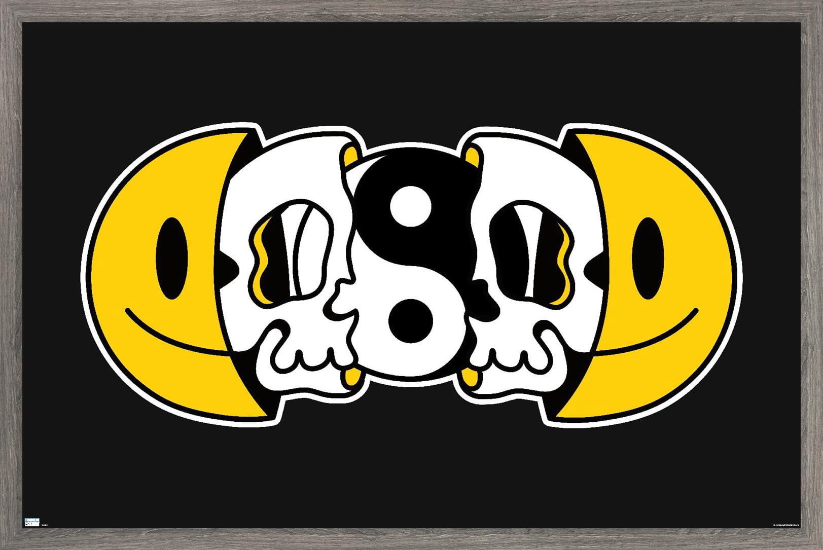Yin Yang Smile Face Skull Wall Poster, 14.725" x 22.375" Framed