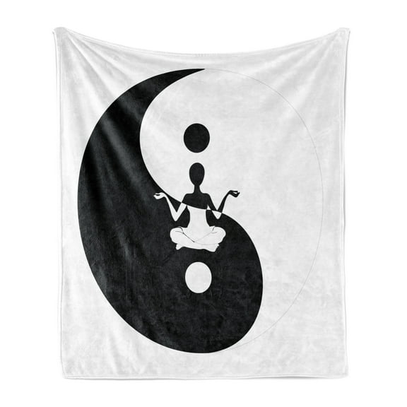 Yin Yang Soft Flannel Fleece Blanket, Human Silhouette Doing Yoga Staying in Balance with Lotus Pose for Serenity, Cozy Plush for Indoor and Outdoor Use, 60" x 80", Black and White, by Ambesonne